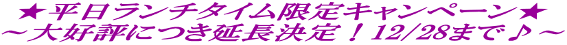 ★平日ランチタイム限定キャンペーン★ ～大好評につき延長決定！12/28まで♪～